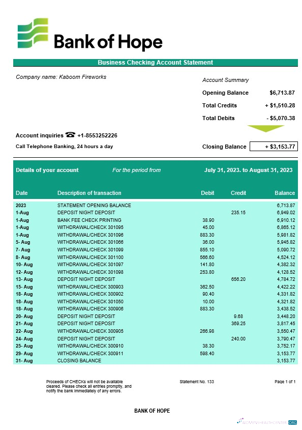 Download Bank of Hope company checking account statement Word and PDF template Photoshop template
